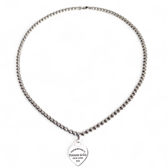 Vintage Return to Tiffany Heart Tag Charm Bead Necklace in Hallmarked Sterling Silver