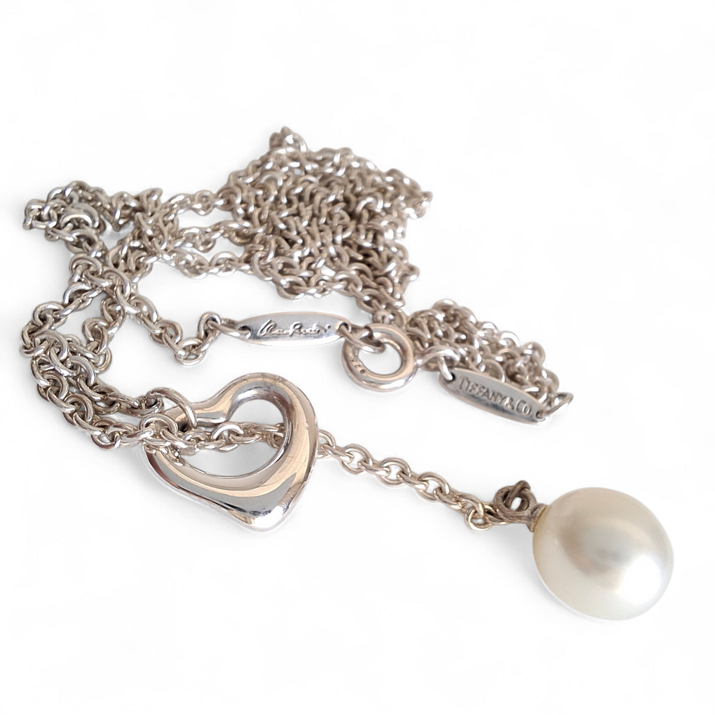 Tiffany & Co. Elsa Peretti Design Open Heart Lariat Necklace in Silver with a Pearl