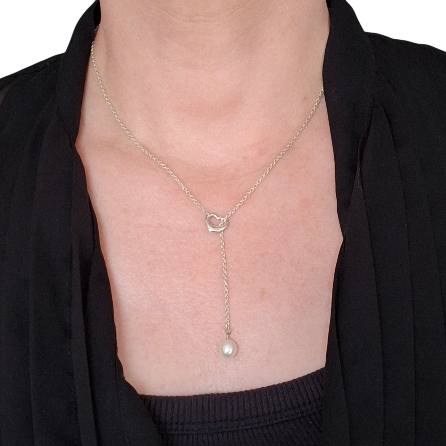 Tiffany & Co. Elsa Peretti Design Open Heart Lariat Necklace in Silver with a Pearl