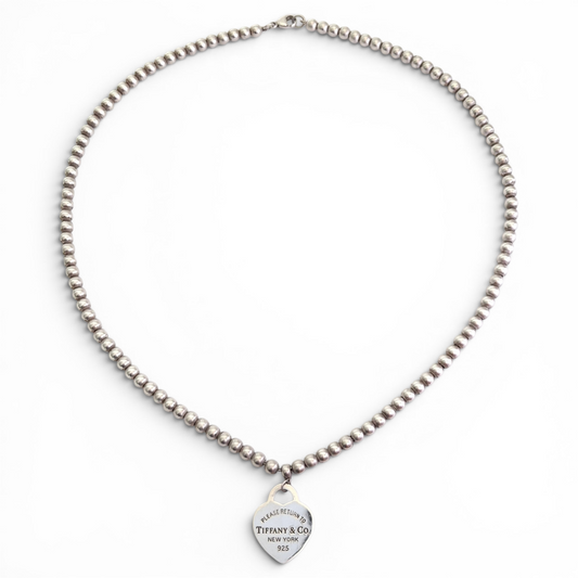 Vintage Return to Tiffany & Co Heart Tag Charm Bead Necklace in 925 Sterling Silver