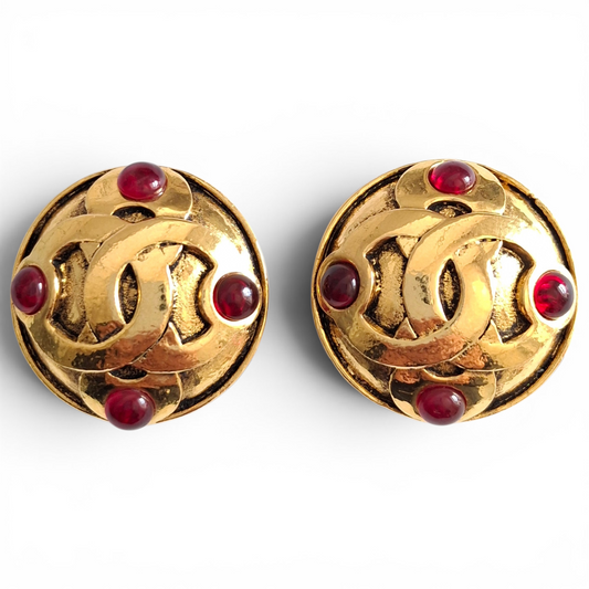 Vintage Chanel CC Logo Gold Plated Gripoix Earrings