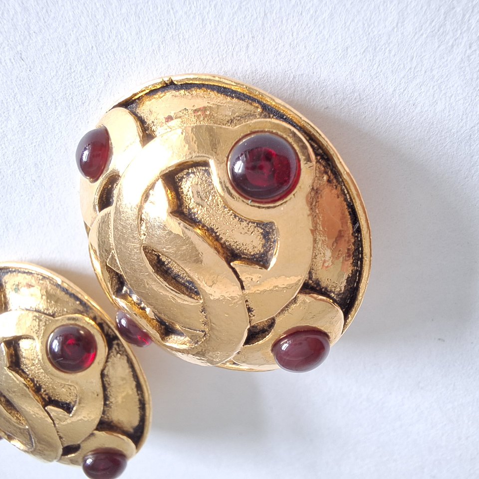 Vintage Chanel CC Logo Gold Plated Gripoix Earrings