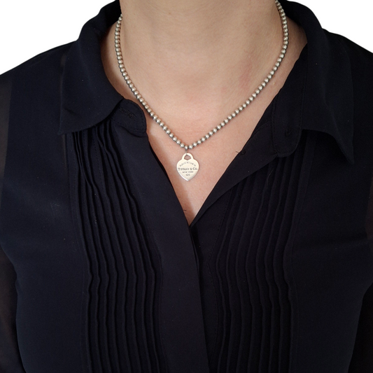 Vintage Return to Tiffany & Co Heart Tag Charm Bead Necklace in 925 Sterling Silver