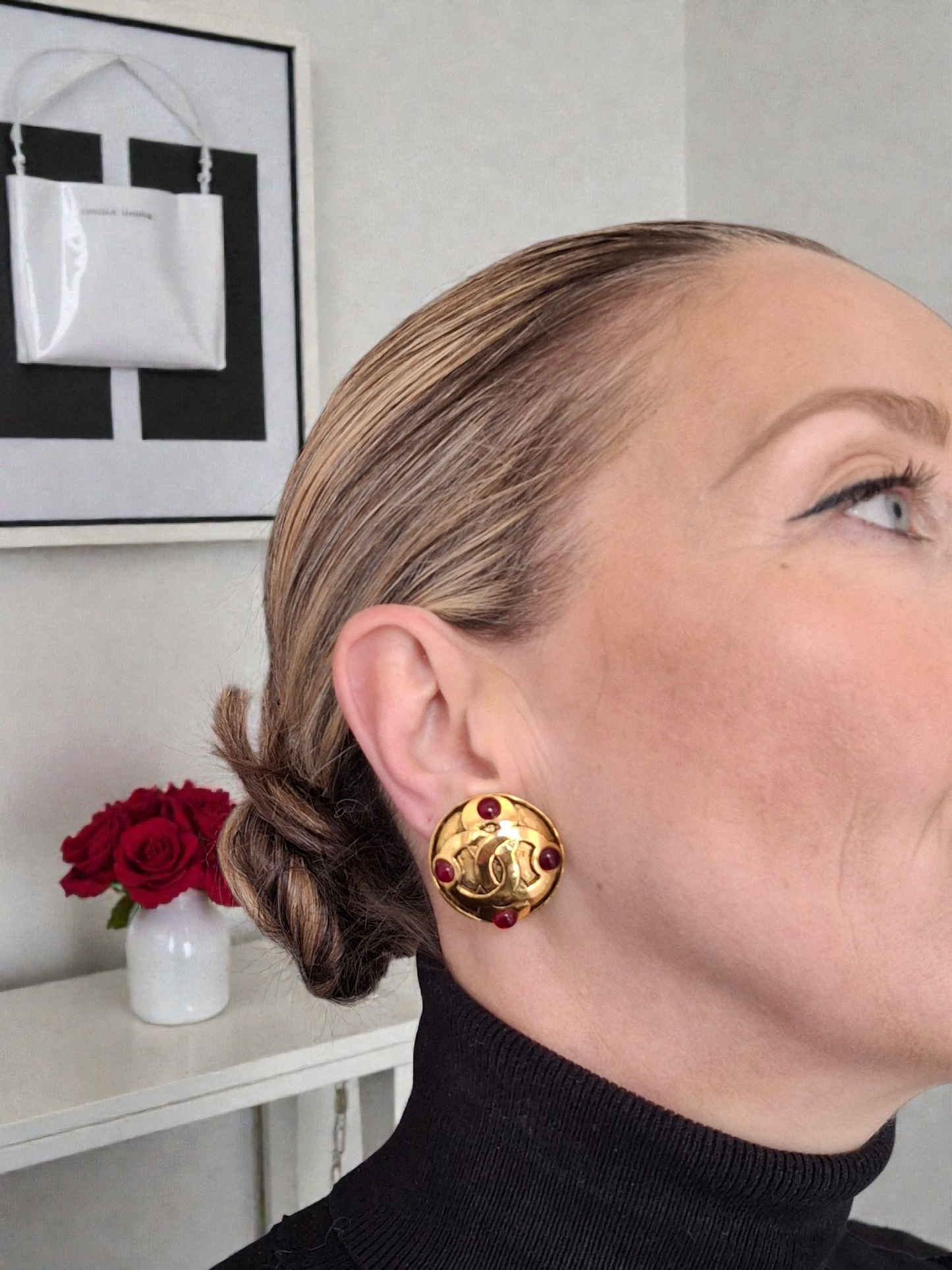 Vintage Chanel CC Logo Gold Plated Gripoix Earrings