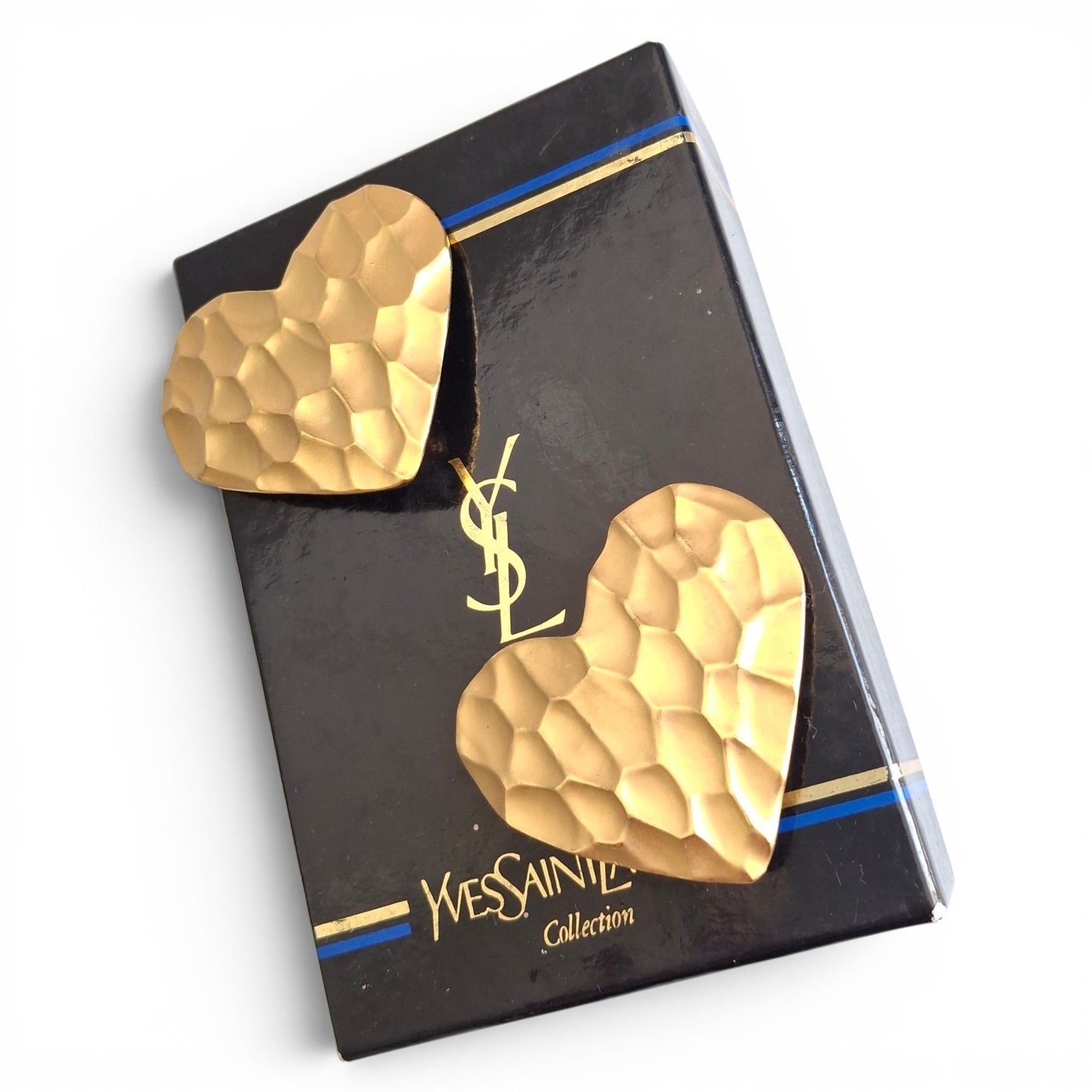 Vintage Yves Saint Laurent 55mm Gold Plated Textured Heart Earrings with Original Box