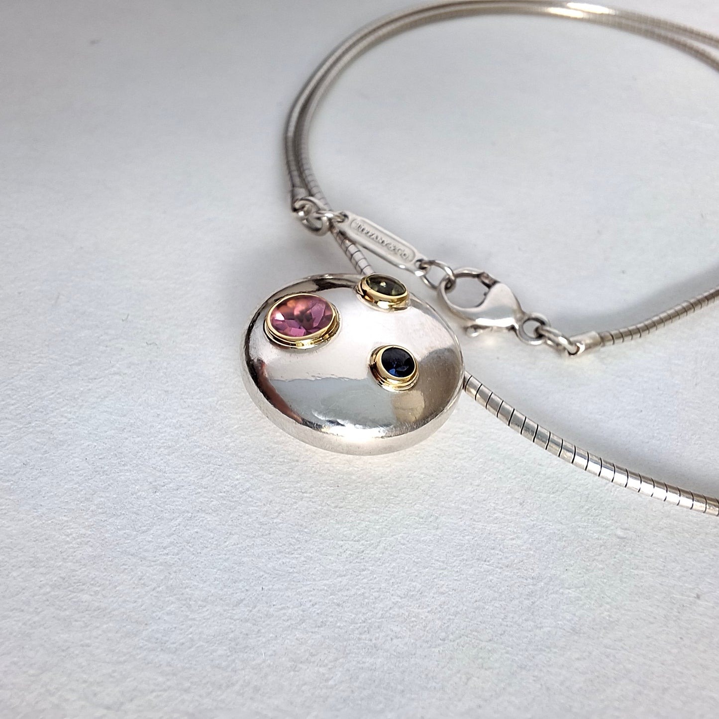 Vintage Sterling Silver Tiffany & Co Etoile Necklace with Peridot Sapphire and Tourmaline set in 18k Gold