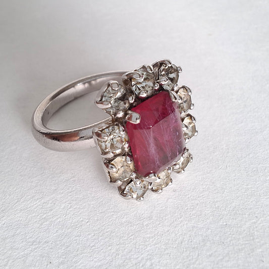 Vintage Christian Dior Faux Ruby & Crystal Silver Tone Ring