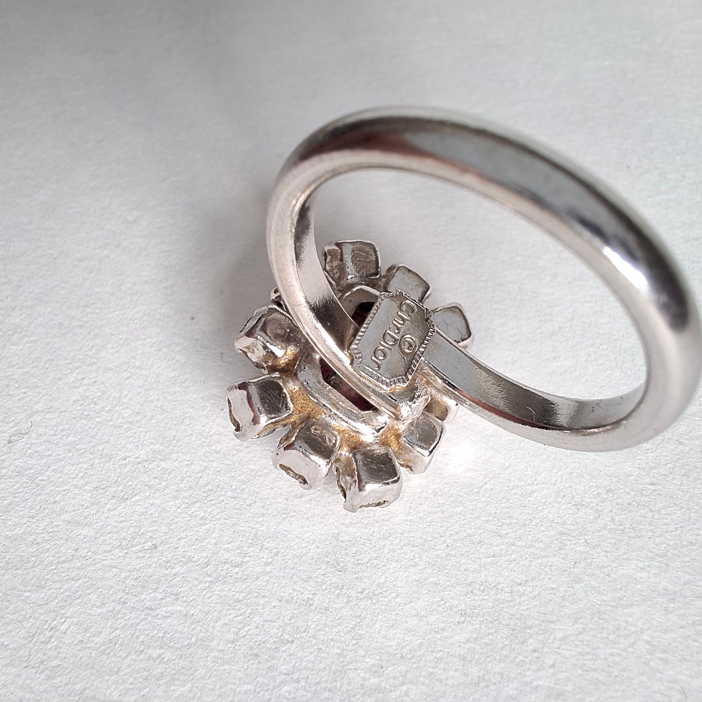 Vintage Christian Dior Faux Ruby & Crystal Silver Tone Ring