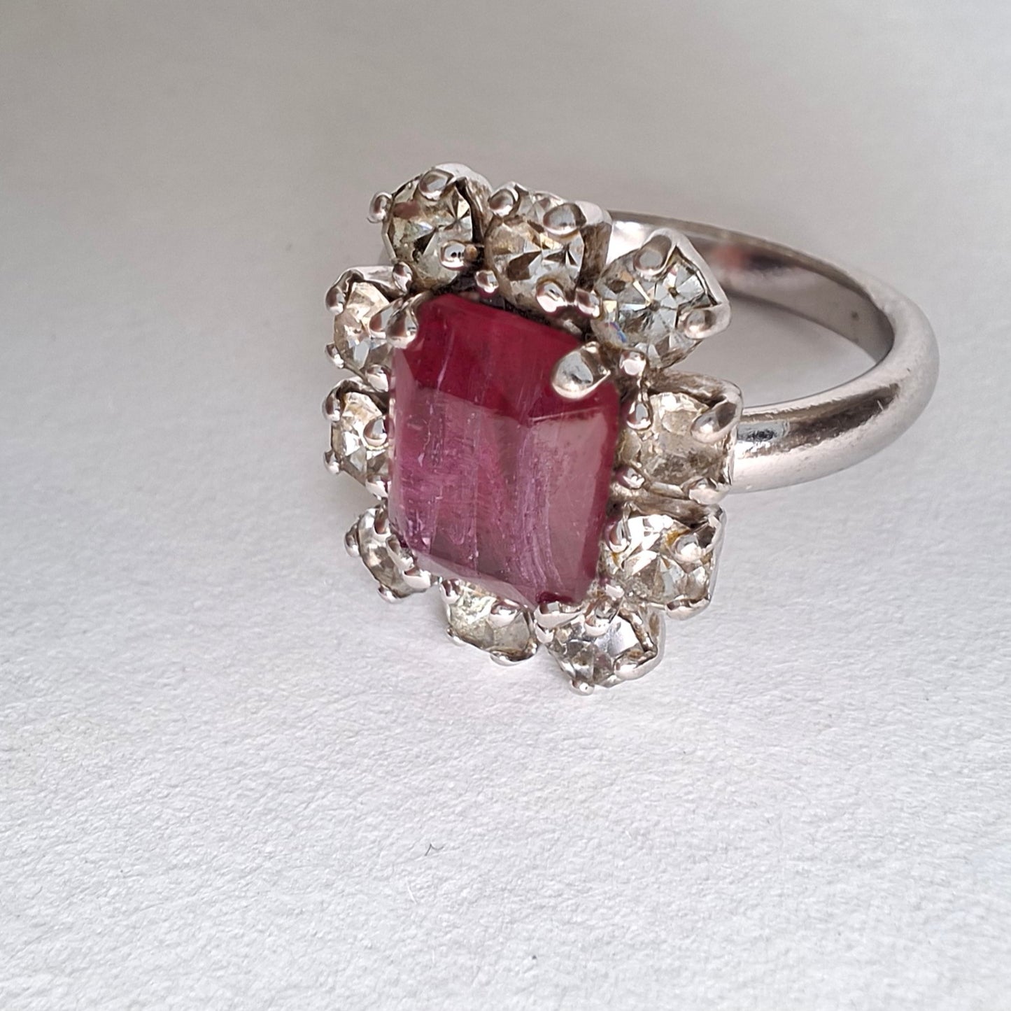 Vintage Christian Dior Faux Ruby & Crystal Silver Tone Ring