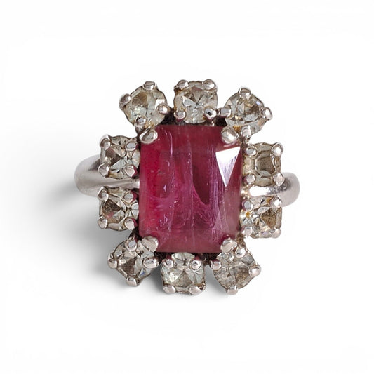 Vintage Christian Dior Faux Ruby & Crystal Silver Tone Ring