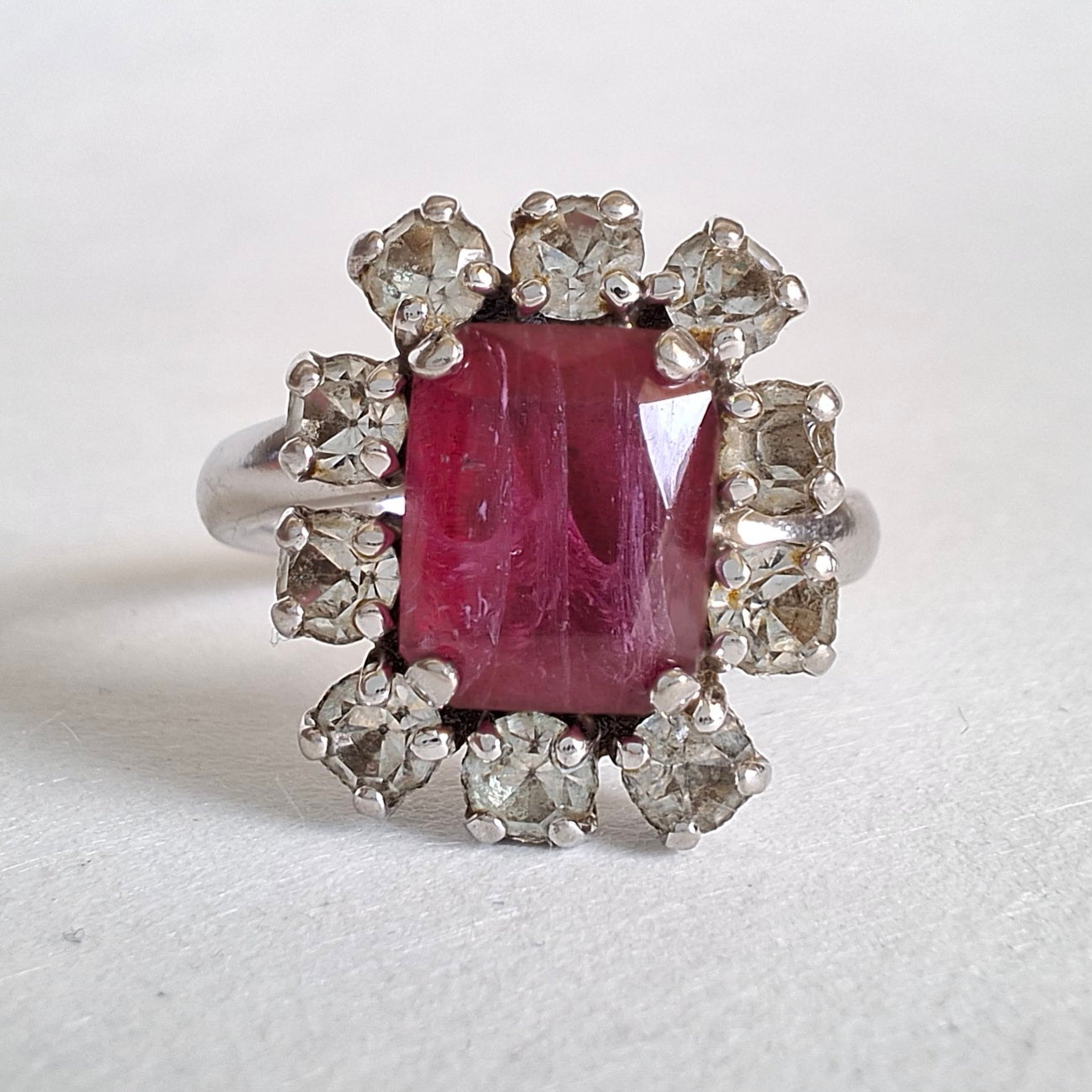 Vintage Christian Dior Faux Ruby & Crystal Silver Tone Ring