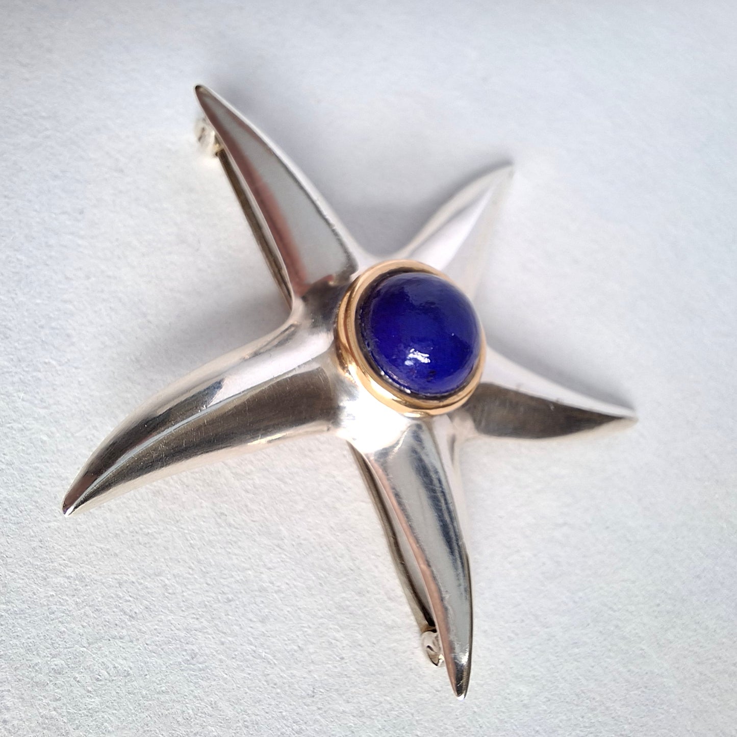 Vintage Tiffany & Co Lapis Lazuli Starfish Brooch in Sterling Silver and 18k Gold