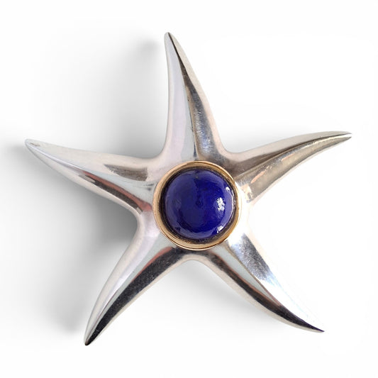Vintage Tiffany & Co Lapis Lazuli Starfish Brooch in Sterling Silver and 18k Gold