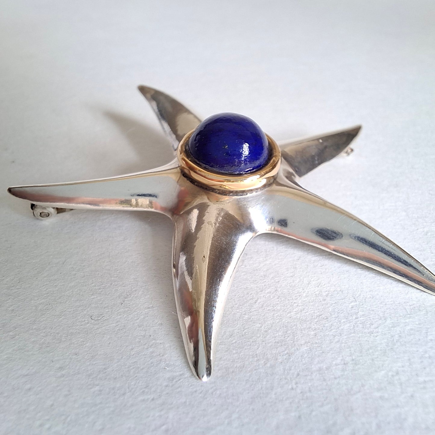 Vintage Tiffany & Co Lapis Lazuli Starfish Brooch in Sterling Silver and 18k Gold