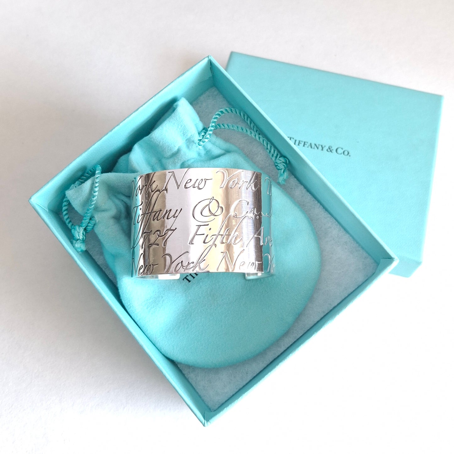 Tiffany & Co New York Script Notes Wide Cuff Bracelet in Hallmarked Sterling Silver