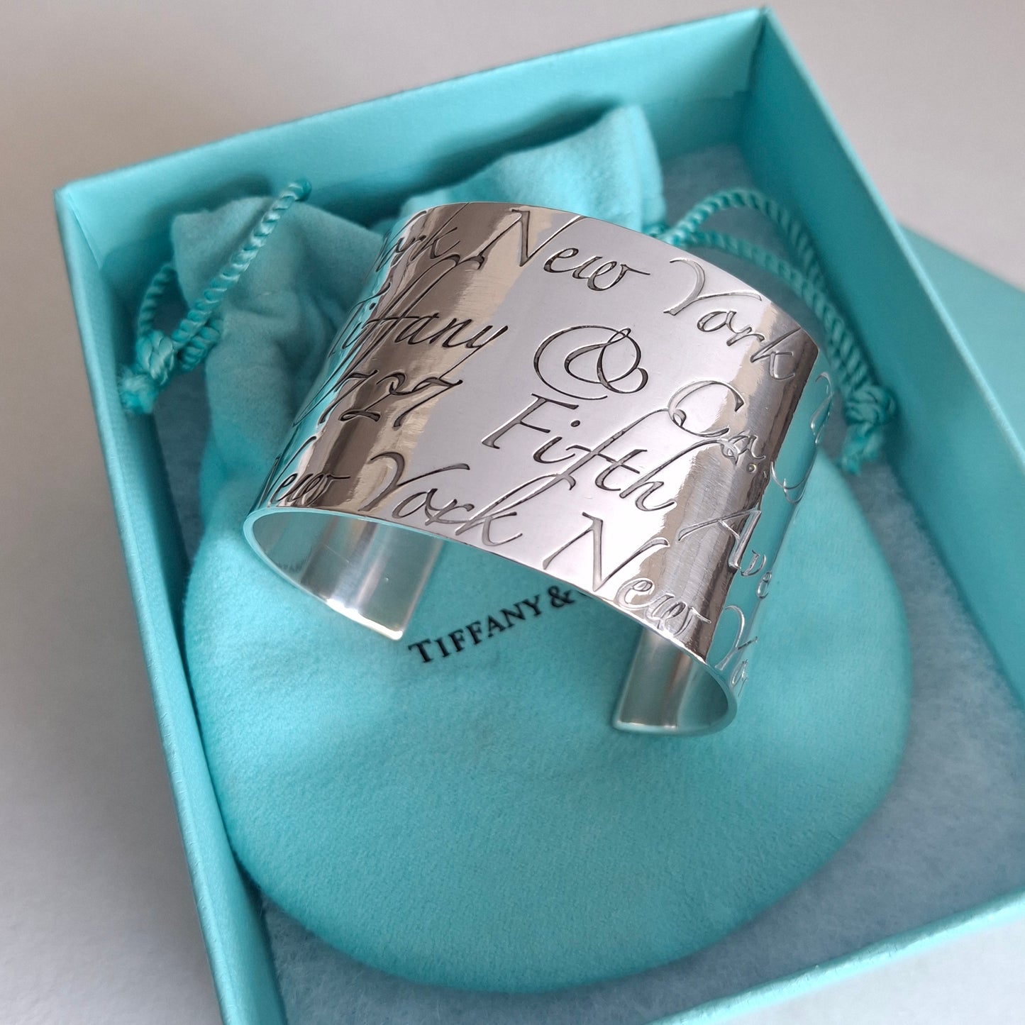 Tiffany & Co New York Script Notes Wide Cuff Bracelet in Hallmarked Sterling Silver