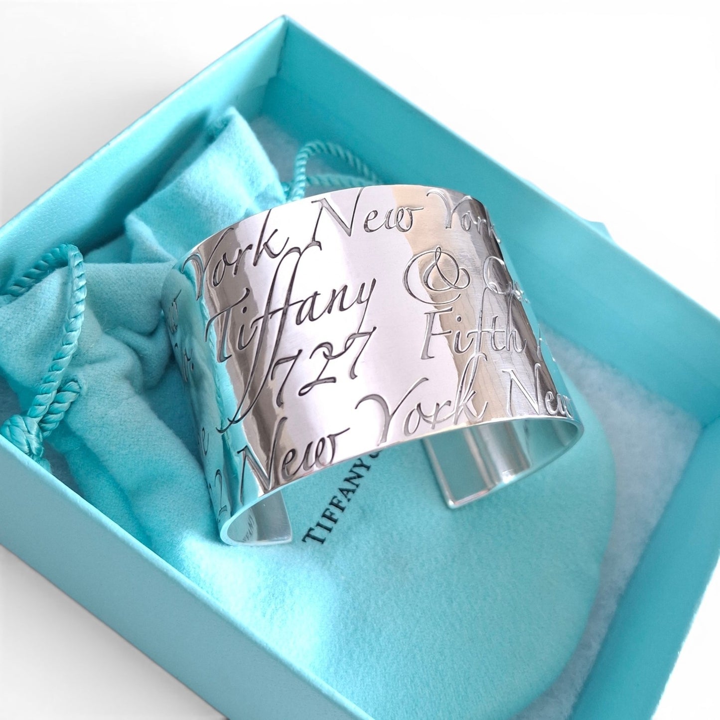 Tiffany & Co New York Script Notes Wide Cuff Bracelet in Hallmarked Sterling Silver