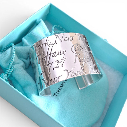 Tiffany & Co New York Script Notes Wide Cuff Bracelet in Hallmarked Sterling Silver