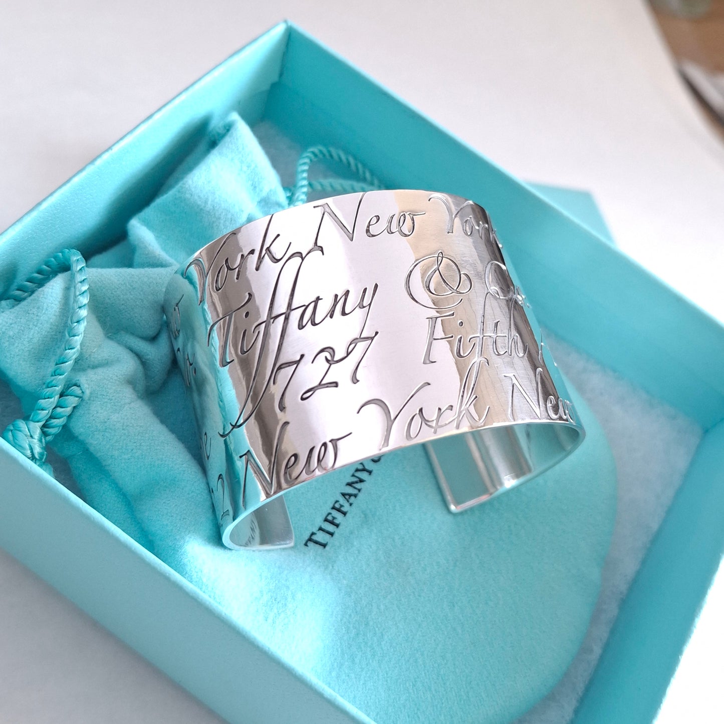 Tiffany & Co New York Script Notes Wide Cuff Bracelet in Hallmarked Sterling Silver