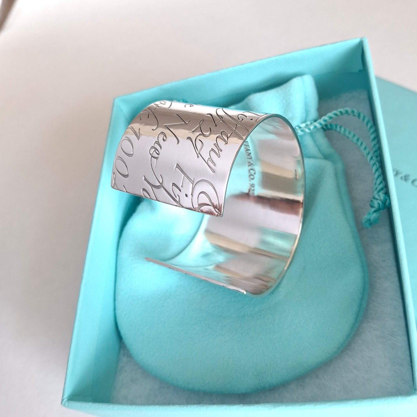 Tiffany & Co New York Script Notes Wide Cuff Bracelet in Hallmarked Sterling Silver