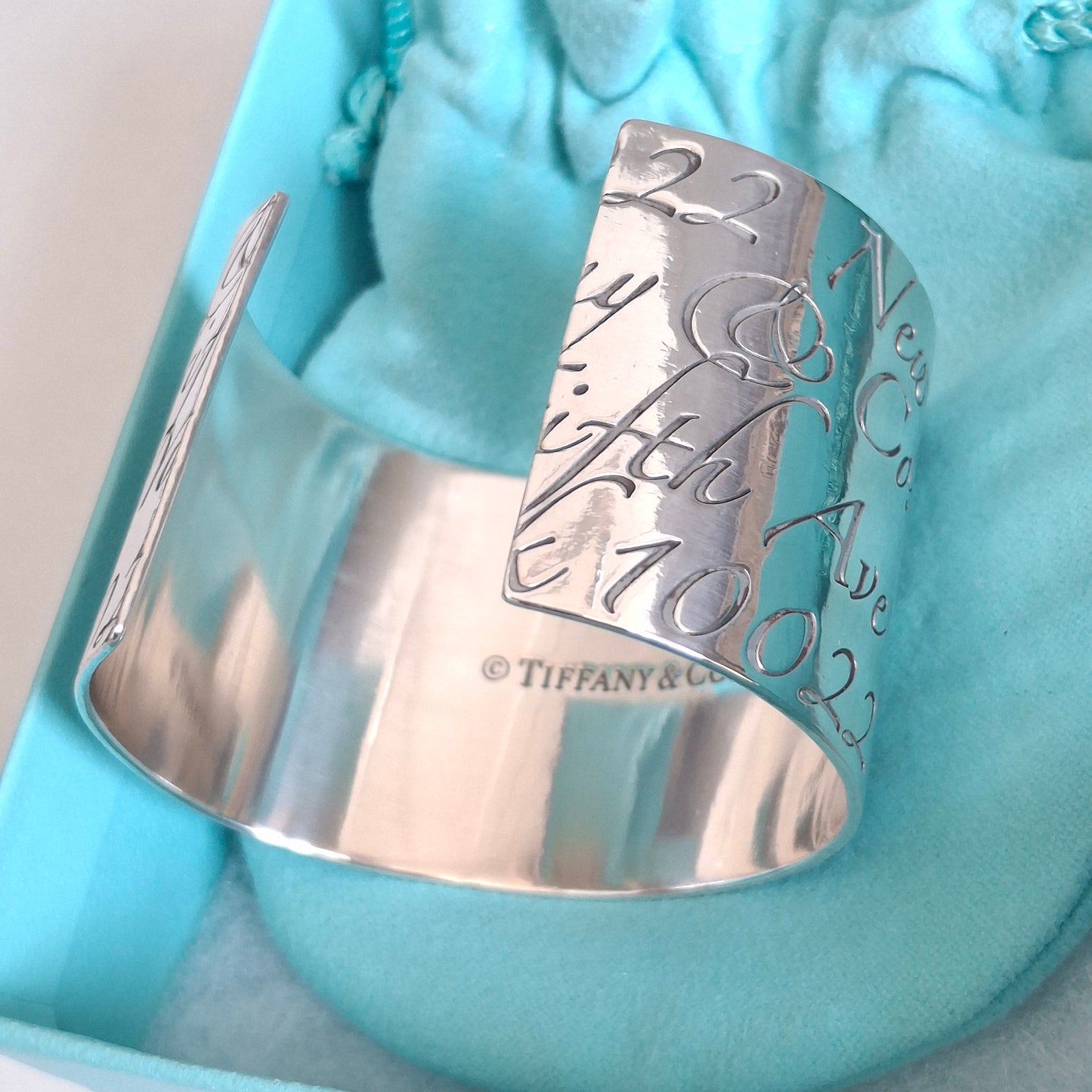 Tiffany & Co New York Script Notes Wide Cuff Bracelet in Hallmarked Sterling Silver