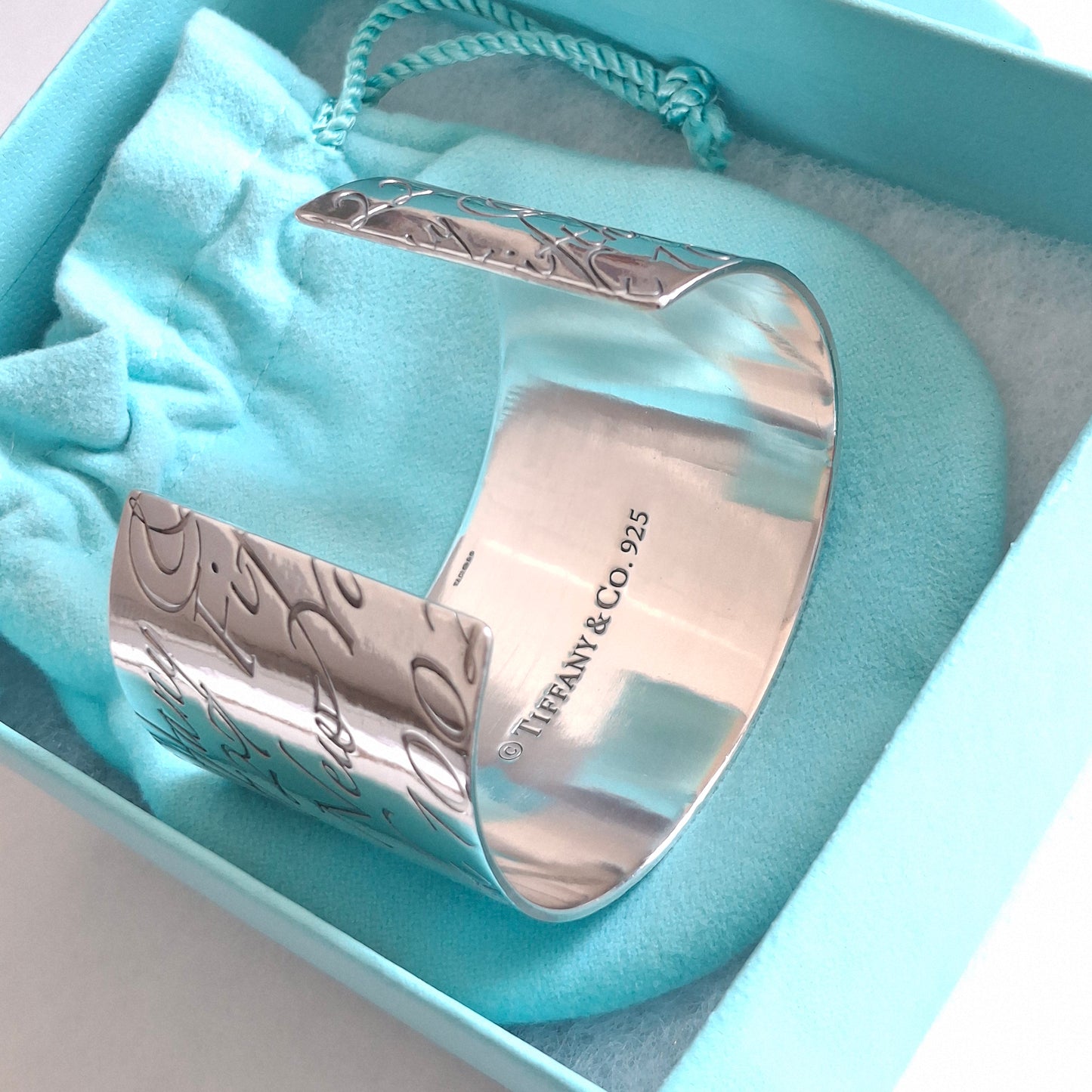 Tiffany & Co New York Script Notes Wide Cuff Bracelet in Hallmarked Sterling Silver