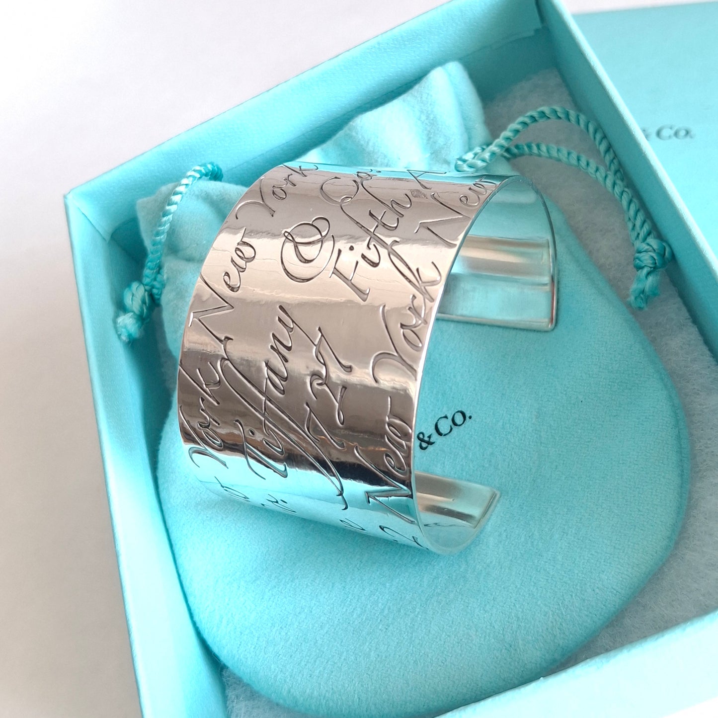 Tiffany & Co New York Script Notes Wide Cuff Bracelet in Hallmarked Sterling Silver
