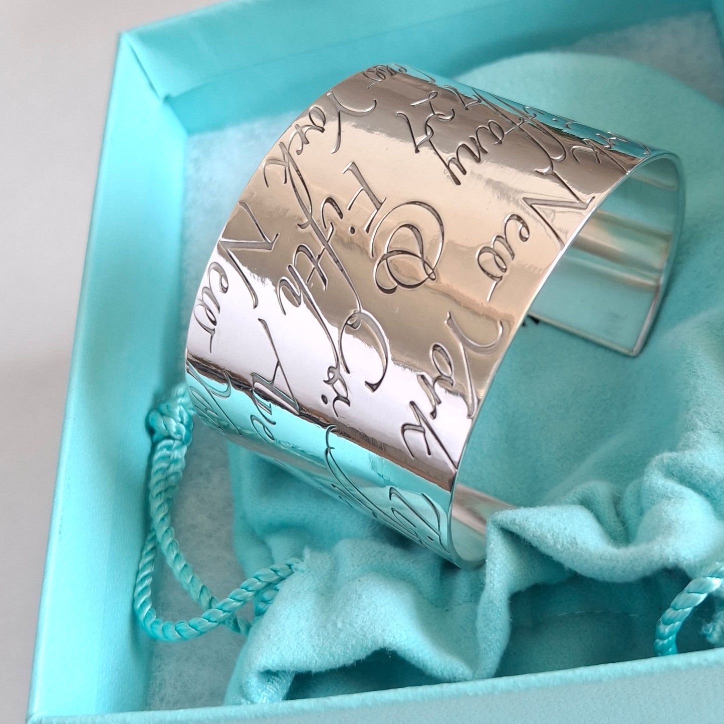 Tiffany & Co New York Script Notes Wide Cuff Bracelet in Hallmarked Sterling Silver