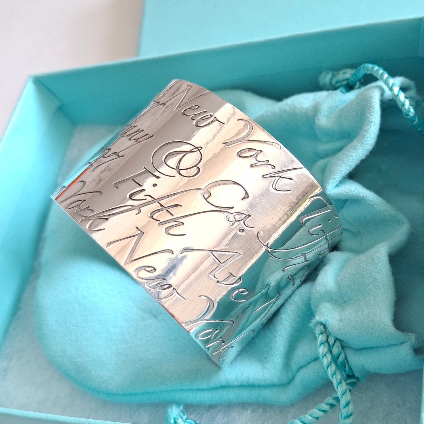 Tiffany & Co New York Script Notes Wide Cuff Bracelet in Hallmarked Sterling Silver