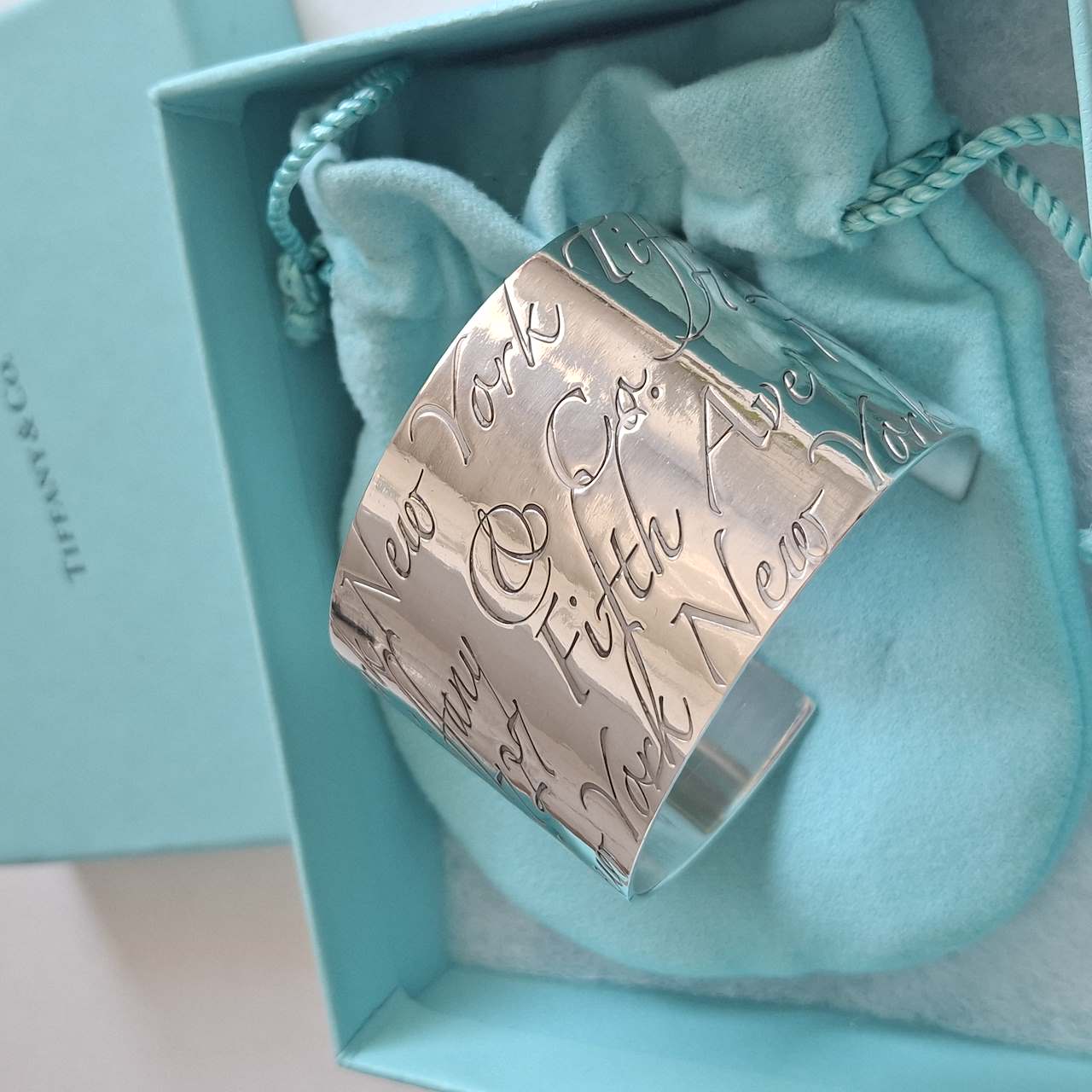 Tiffany & Co New York Script Notes Wide Cuff Bracelet in Hallmarked Sterling Silver