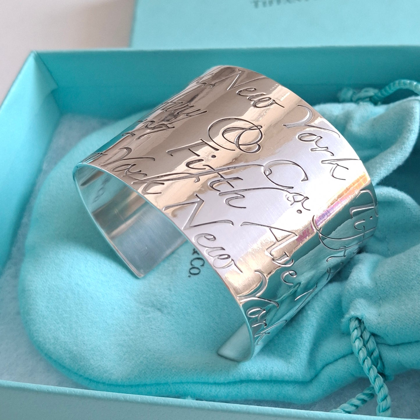 Tiffany & Co New York Script Notes Wide Cuff Bracelet in Hallmarked Sterling Silver