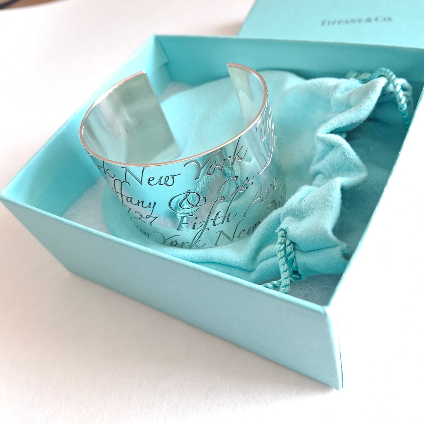 Tiffany & Co New York Script Notes Wide Cuff Bracelet in Hallmarked Sterling Silver