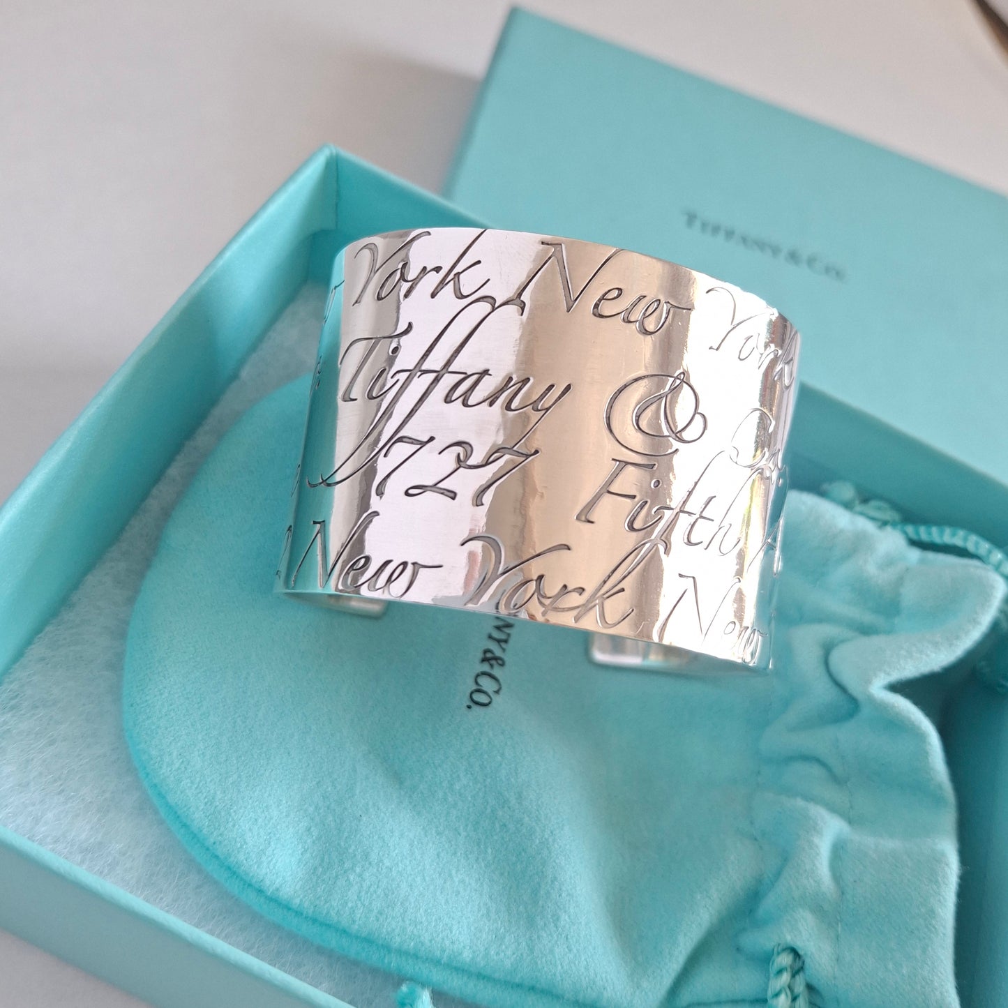 Tiffany & Co New York Script Notes Wide Cuff Bracelet in Hallmarked Sterling Silver