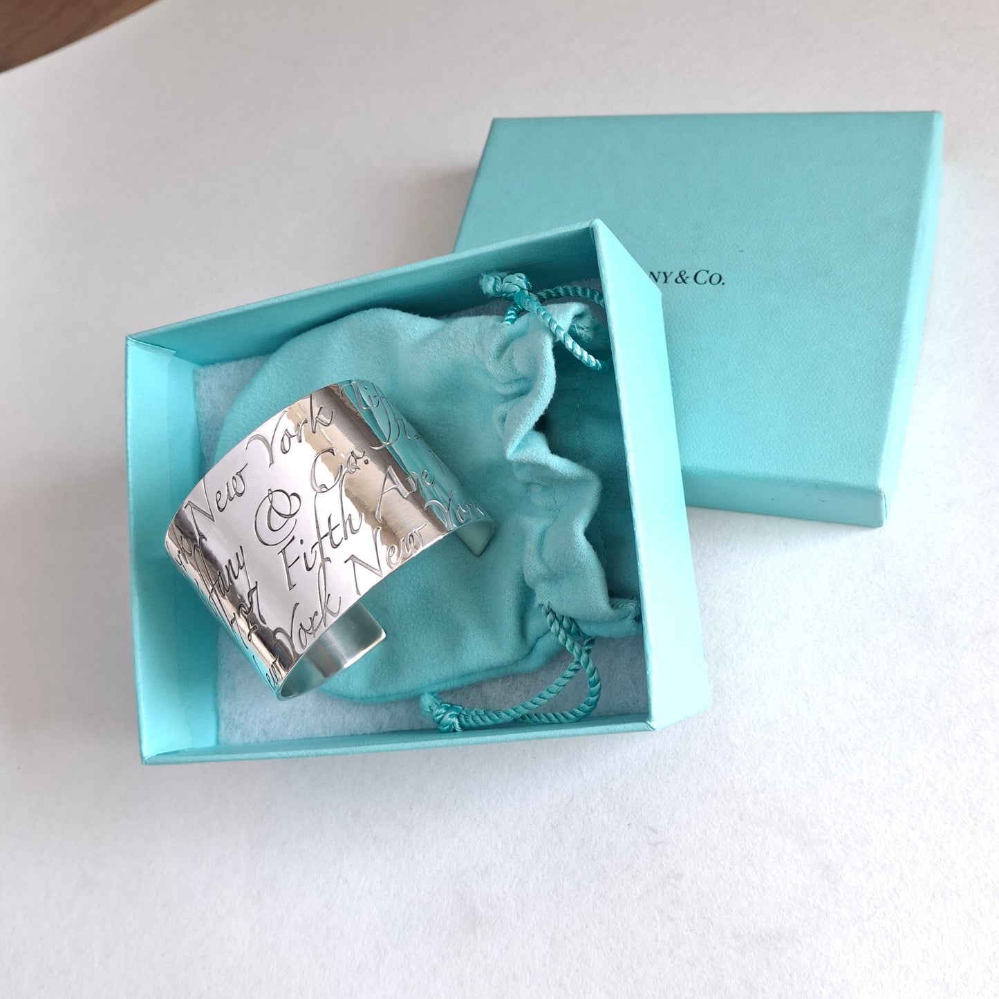 Tiffany & Co New York Script Notes Wide Cuff Bracelet in Hallmarked Sterling Silver