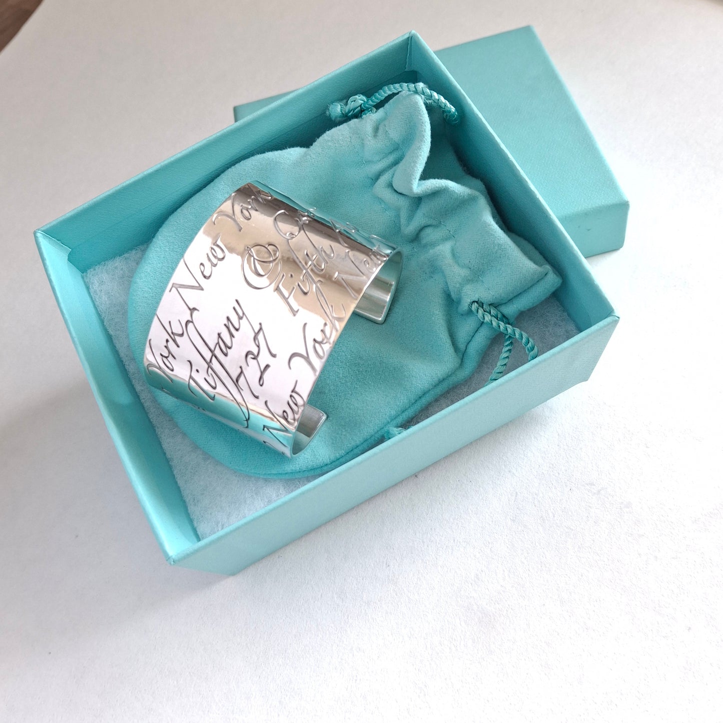 Tiffany & Co New York Script Notes Wide Cuff Bracelet in Hallmarked Sterling Silver