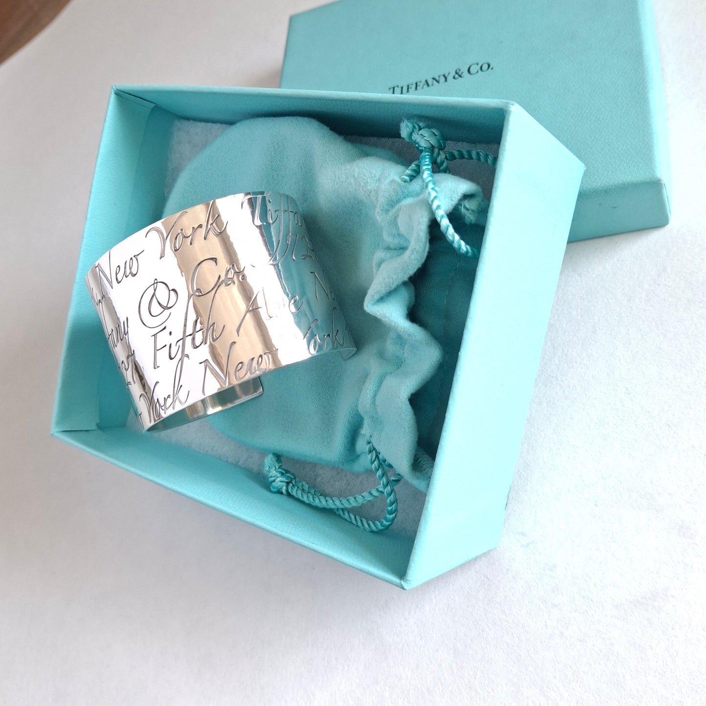 Tiffany & Co New York Script Notes Wide Cuff Bracelet in Hallmarked Sterling Silver