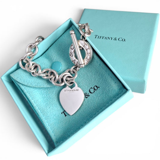 Vintage Hallmarked Sterling Silver Tiffany & Co Toggle Heart Charm Bracelet with Original Box and Pouch