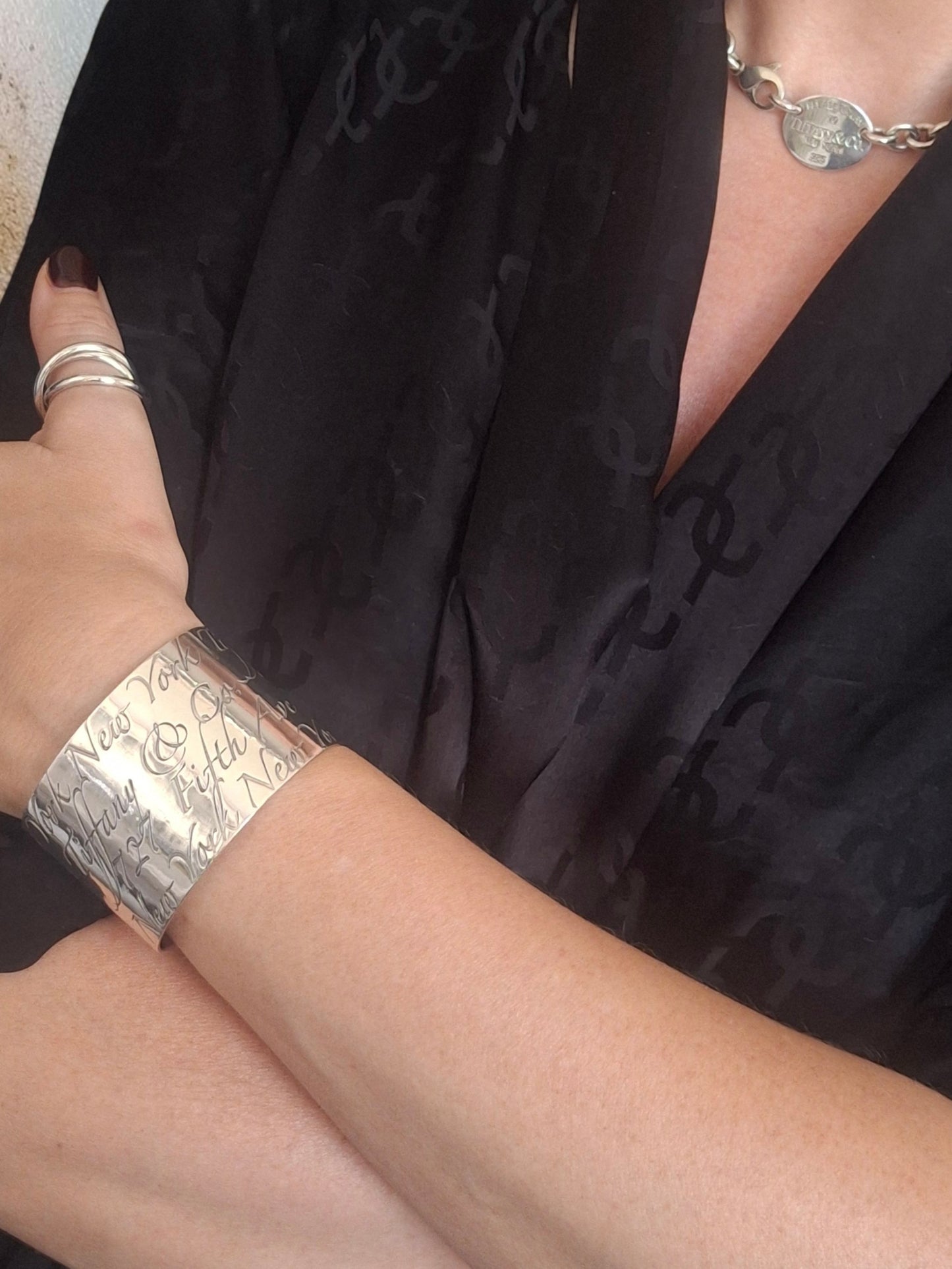 Tiffany & Co New York Script Notes Wide Cuff Bracelet in Hallmarked Sterling Silver