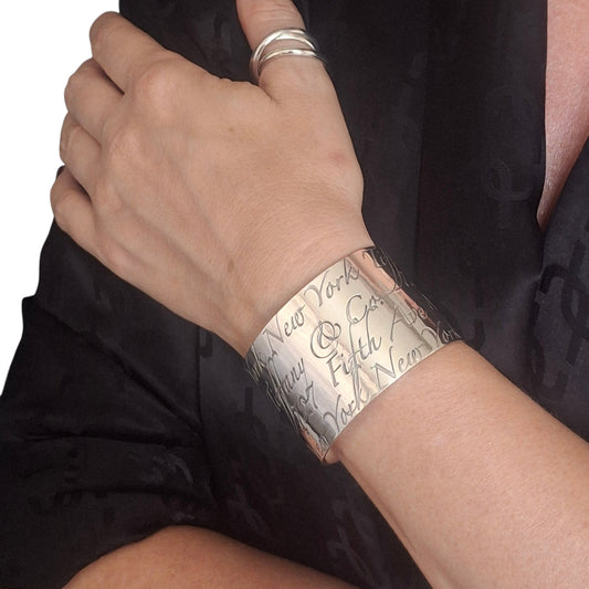 Tiffany & Co New York Script Notes Wide Cuff Bracelet in Hallmarked Sterling Silver