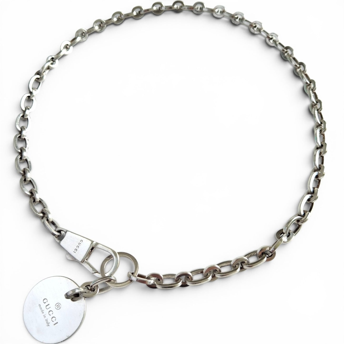 Vintage Gucci Round Tag Logo Necklace in Hallmarked Sterling Silver