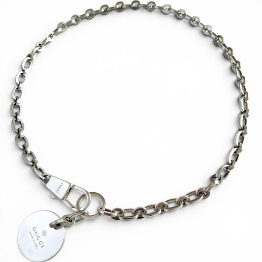 Vintage Gucci Round Tag Logo Necklace in Hallmarked Sterling Silver