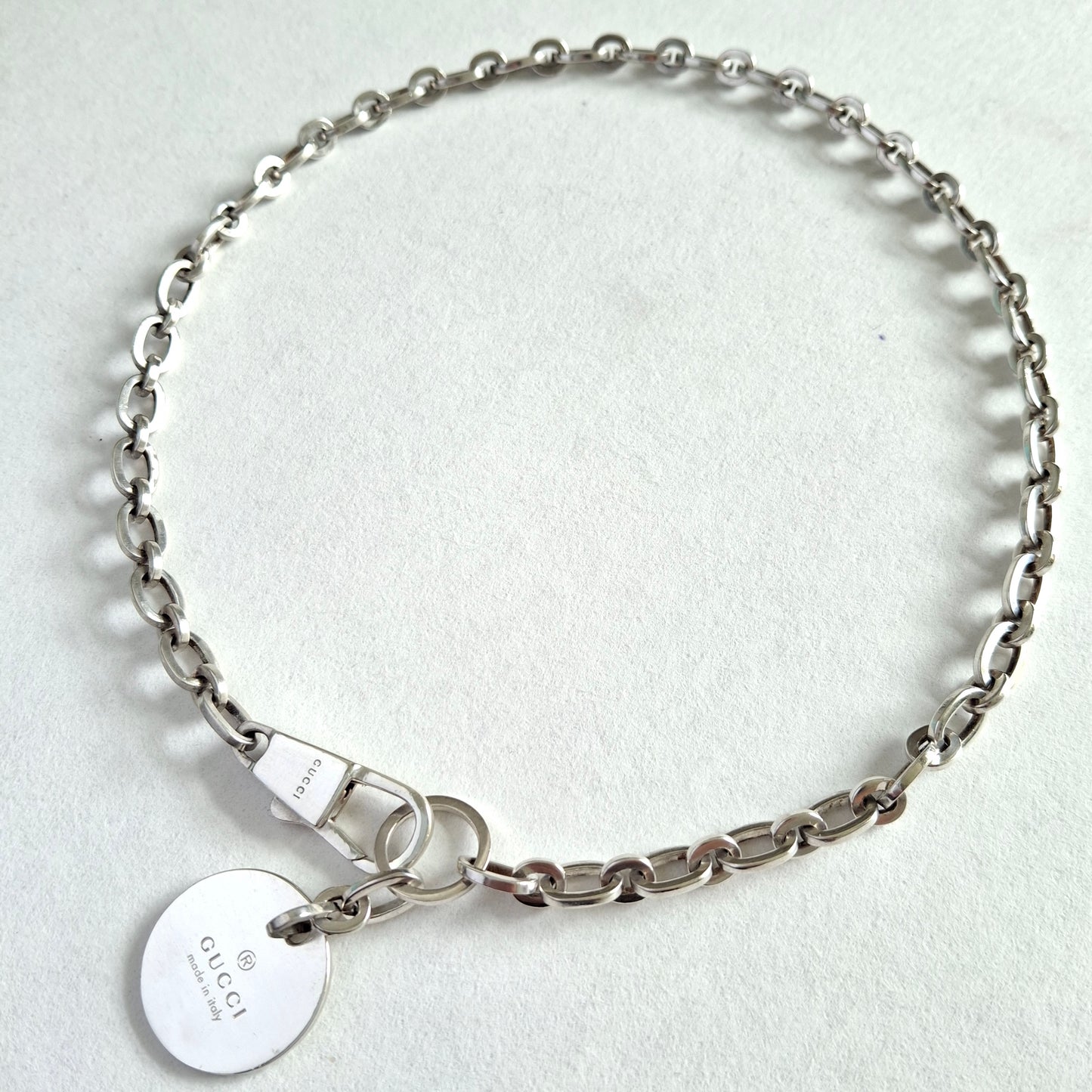 Vintage Gucci Round Tag Logo Necklace in Hallmarked Sterling Silver