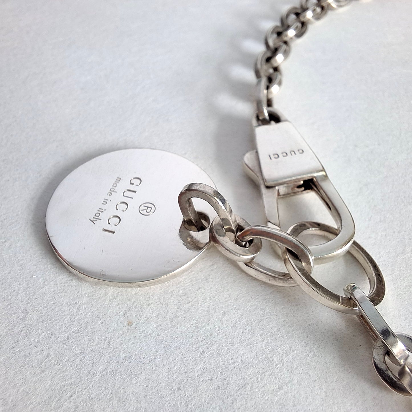Vintage Gucci Round Tag Logo Necklace in Hallmarked Sterling Silver