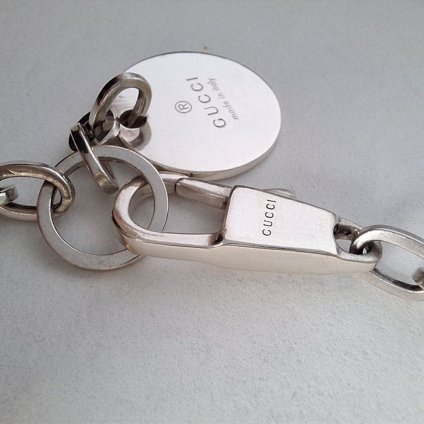Vintage Gucci Round Tag Logo Necklace in Hallmarked Sterling Silver