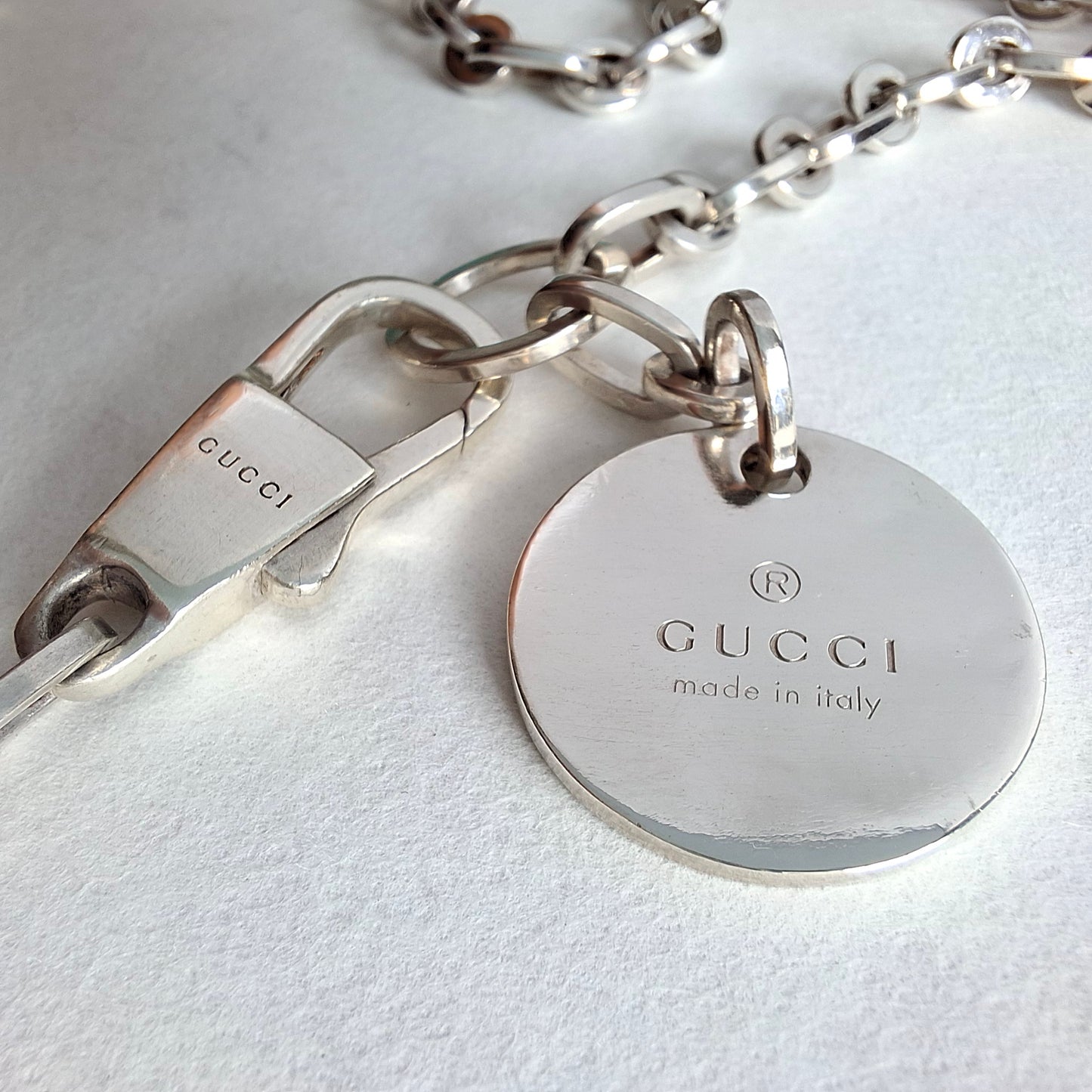 Vintage Gucci Round Tag Logo Necklace in Hallmarked Sterling Silver