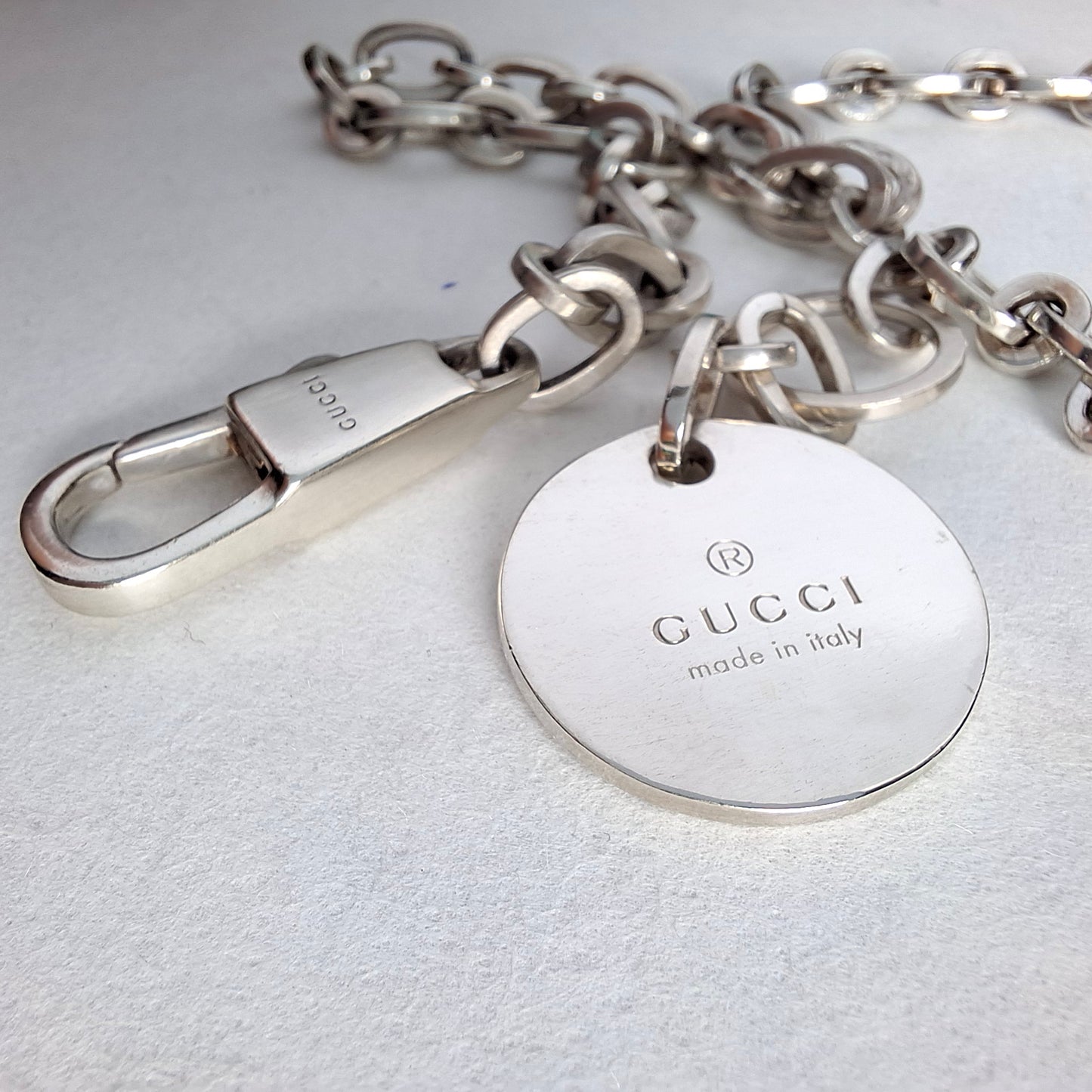 Vintage Gucci Round Tag Logo Necklace in Hallmarked Sterling Silver