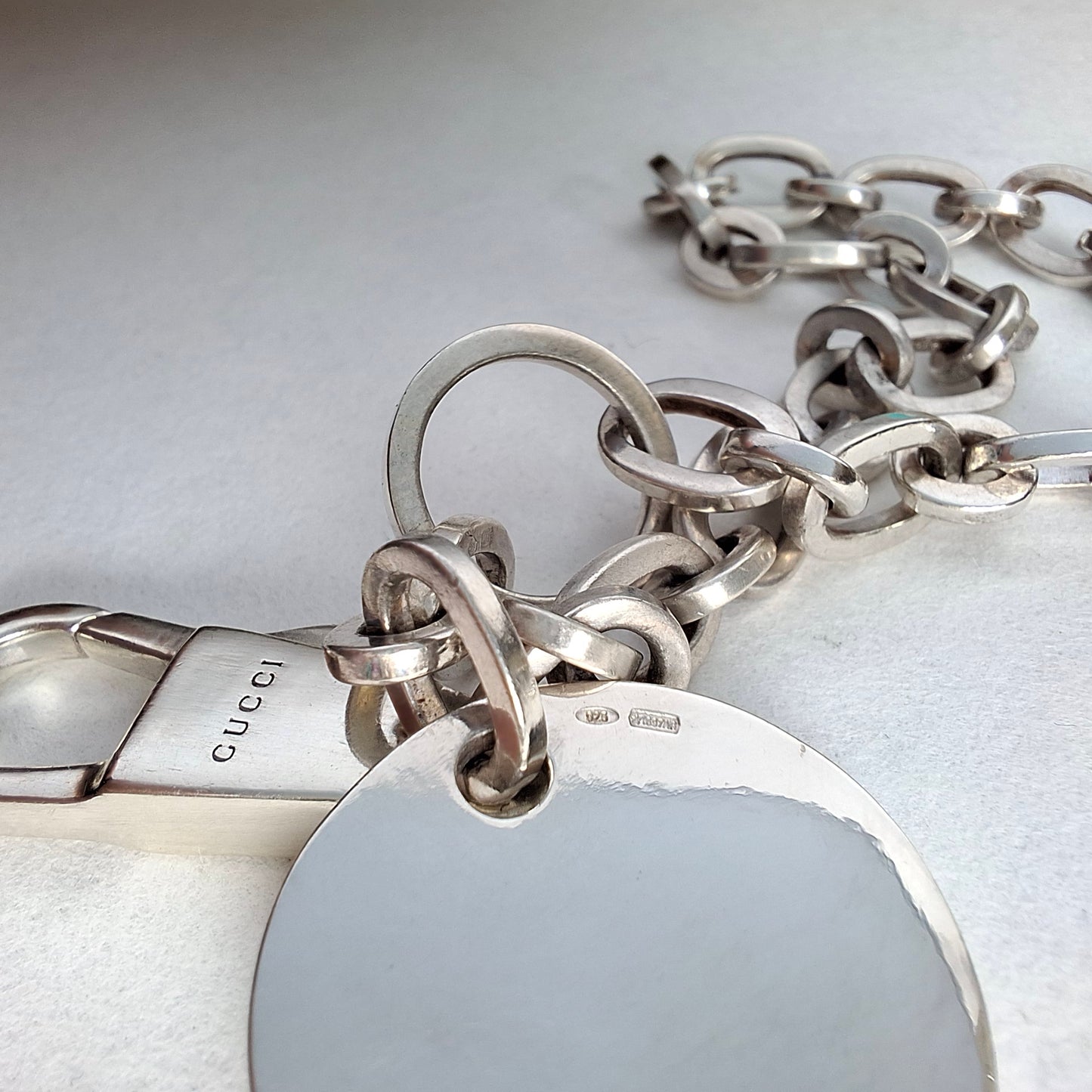 Vintage Gucci Round Tag Logo Necklace in Hallmarked Sterling Silver