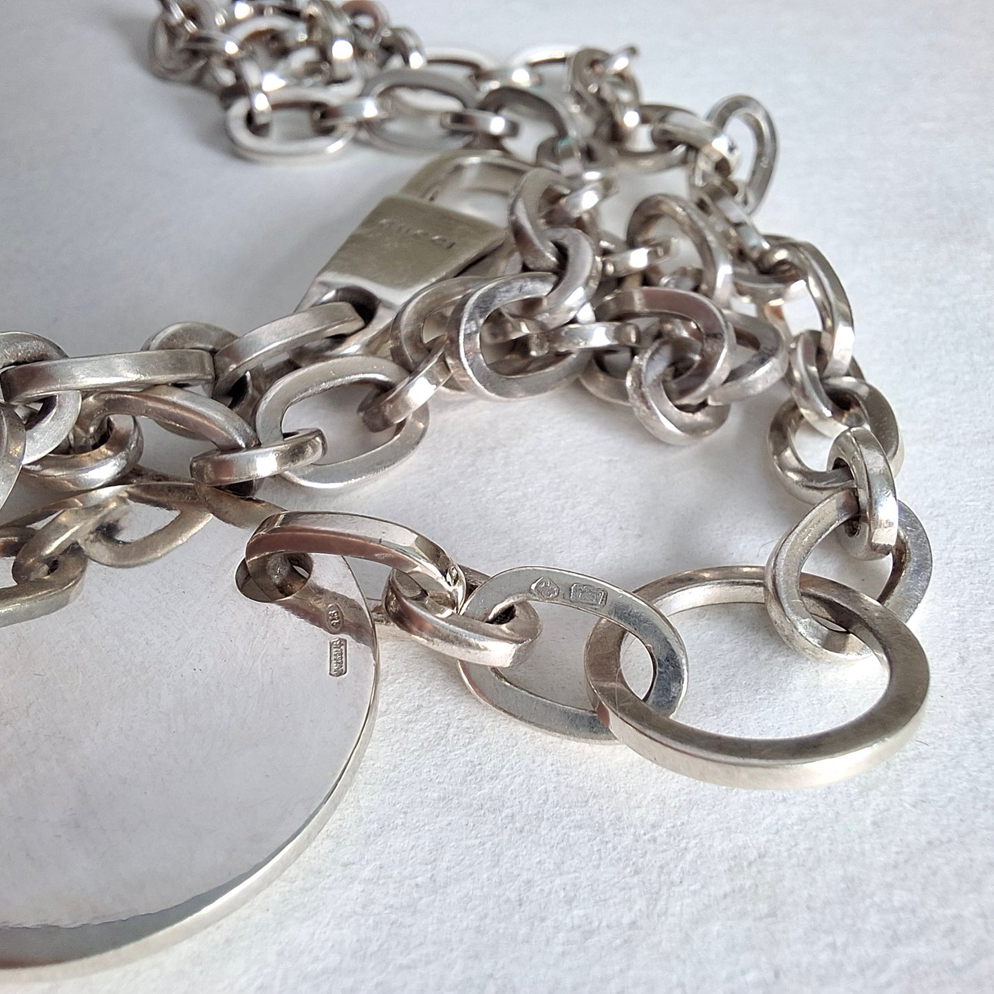 Vintage Gucci Round Tag Logo Necklace in Hallmarked Sterling Silver