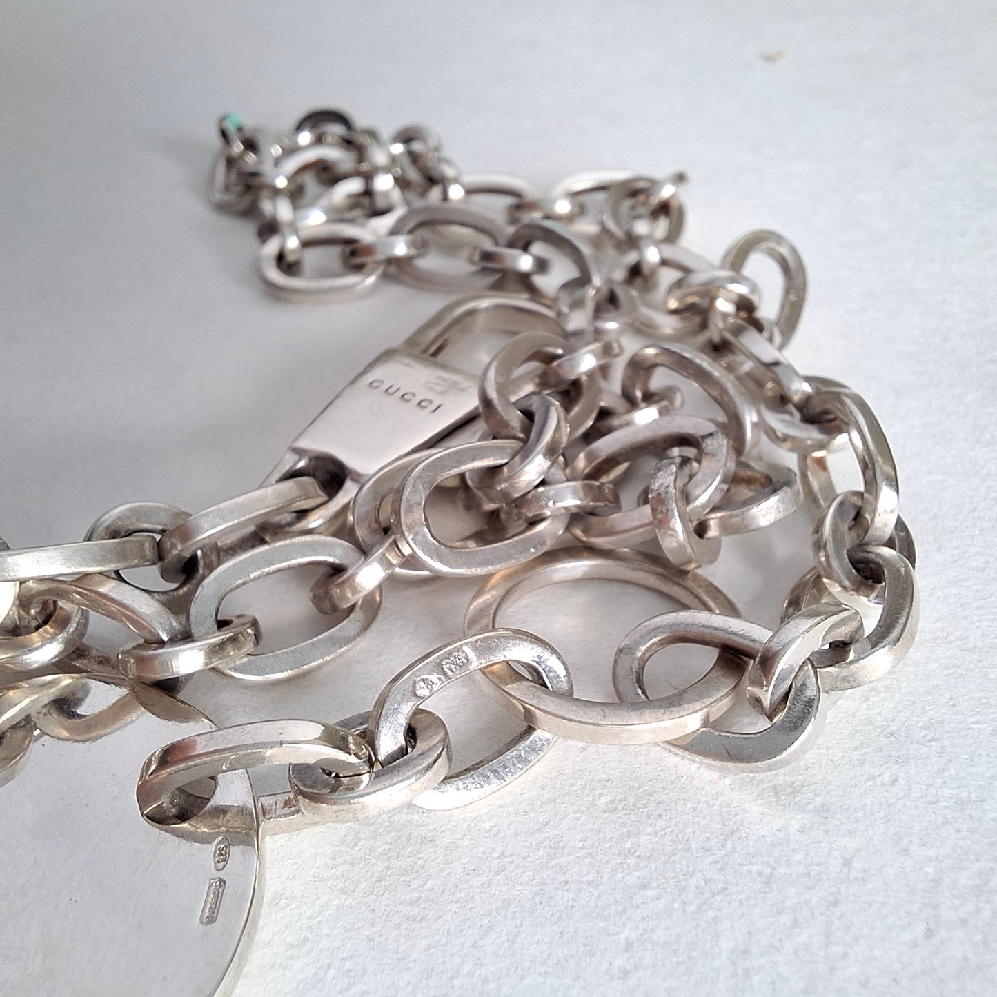 Vintage Gucci Round Tag Logo Necklace in Hallmarked Sterling Silver