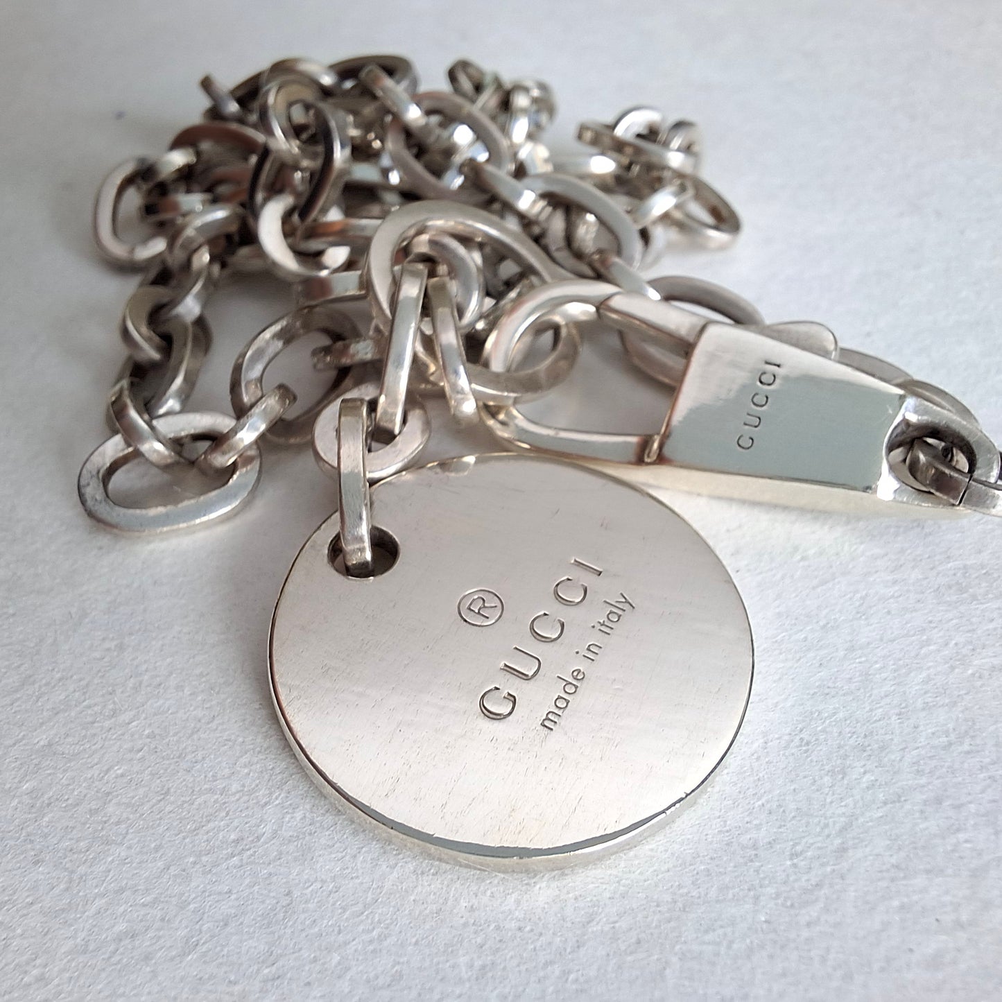 Vintage Gucci Round Tag Logo Necklace in Hallmarked Sterling Silver